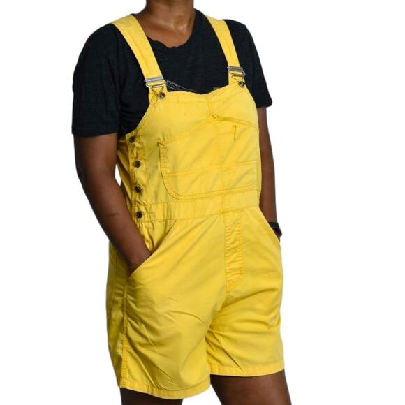 Vintage Bib Overalls Shorts Yellow Cotton Denim Shortalls 90s Y2k Size Medium - Picture 10 of 16